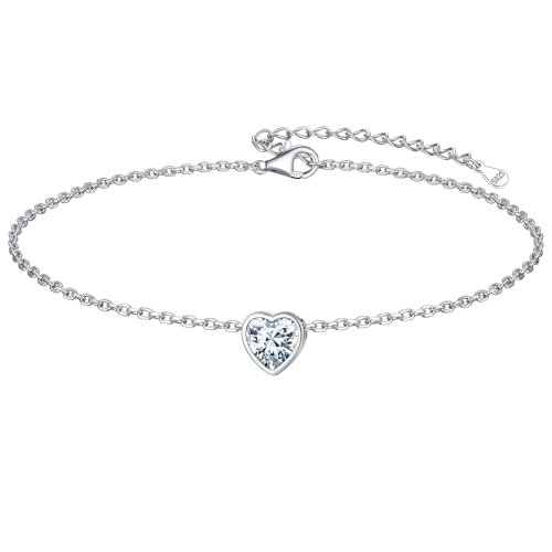 ChicSilver 925 Sterling Silver Anklets for Women, Simple Dainty Round/Heart Birthstone Ankle Bracelet Beach Foot Jewelry, 8.7-10.7 Inch Adjustable 04.