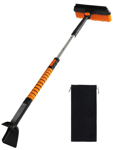 90° Fixed Rotation 3-in-1 Car Snow Brush and Ice Scraper for Cars Windshield with Silicone Squeegee Ergonomic Aluminum Foam Grip Handle 43.3