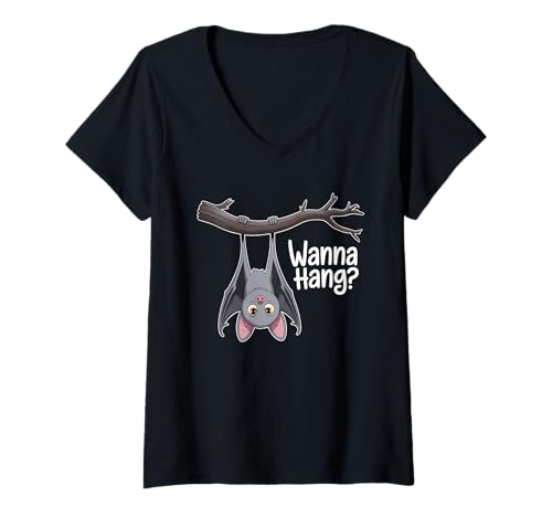 Image of Womens Wanna Hang Cute Funny Pun Bat Lover Halloween V-Neck T-Shirt