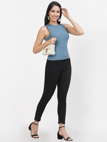 Image of Kalt Womens Knitted, Ribbed Cotton Fitted Sleeveless Round Neck Cami Tank Top