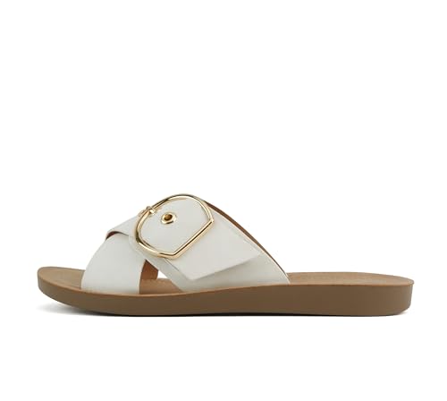 Soda Carol ~ Women Open Toe Crisscross Buckle Flat Sandals (White Nubuck, 9)