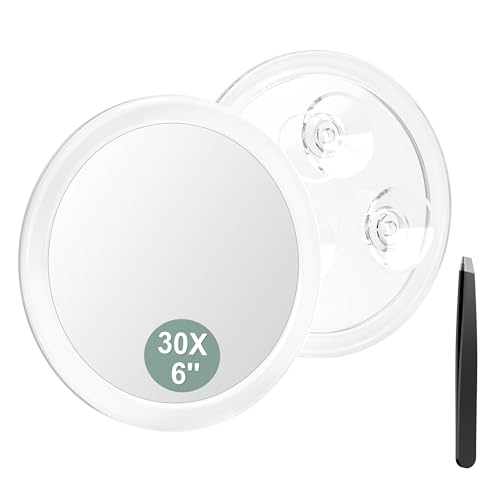 Auxmir Espejo de Aumento 30X 15cm con 3 Ventosa, Espejo de Maquillaje para Pared Baño, Espejo Portátil Redondo para Viaje, Transparente