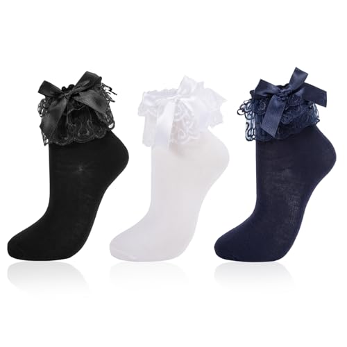 Image of 3 Pairs Women Ruffle Socks Adult Double Lace Frilly Sock with Bow Back,Size 9-11