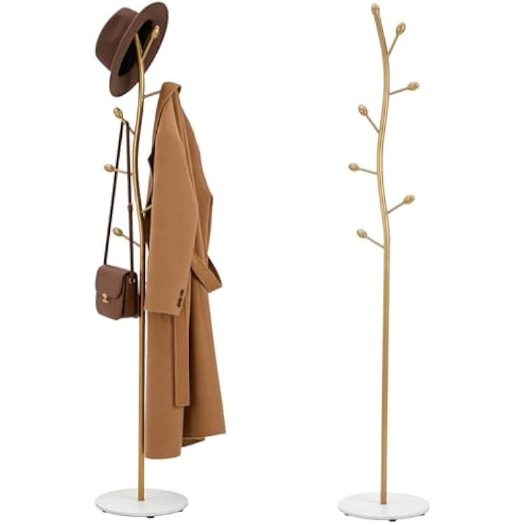 Gold Tree Coat Rack with Marble Base, Freestanding Floor Standing Coat Tree with Multiple Hooks, Modern Metal Clothes Stand for Entryway, Bedroom, Living Room Decor and Organization