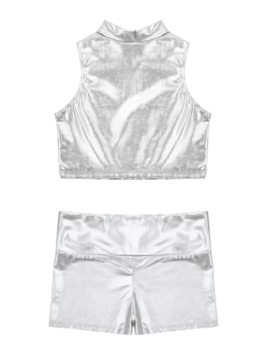 easyforever Kids Girls Metallic Gymnastics Dance Tracksuit With Shorts Dance Leotard 2 Piece Jazz Hip Hop Sport Outfits Silver 16 Years4