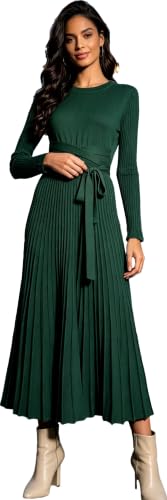 Image of RanRui Womens Winter Fall Pleated Knitted Fit and Flare Long Sleeve Sweater Dress