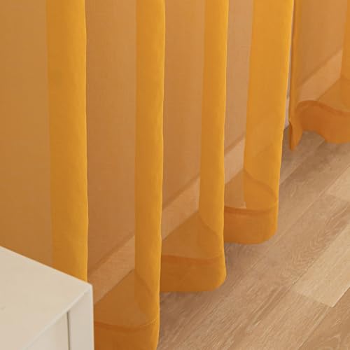 Image of Sheer Curtains for Windows, Window Treatments Semi Crinkle Curtains, Rod Pocket Sheer Privacy Curtains 63 inch Length 2 Panels Set for Living Room Bedroom Kitchen Babyroom Set of 2, 52 inchx 63 inch, Yellow