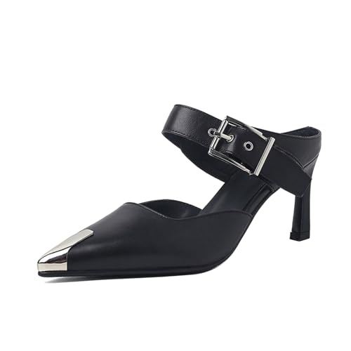 Vertundy Slingback Pumps For Women Metal Cap Pointed Closed Toe Strap Adjustable Buckle High Heels Sandals Fashion Slip On Evening Party Wedding Bride Mules Lady