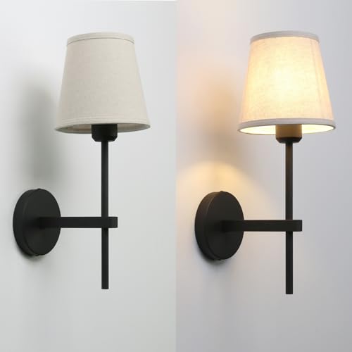 Image of Vintage Wall Sconce with Linen Fabric Shade, E26 Bathroom Vanity Light, Hardwired Indoor 1-Light Wall Mounted Lamp for Hallway Bedside Nightstand Light