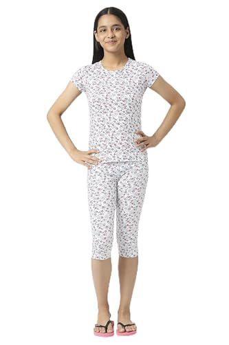 Image of SINI MINI Round Neck with Half Sleeve Top & Capri Beige Girls Casual Pack of 1 Night Suit Set