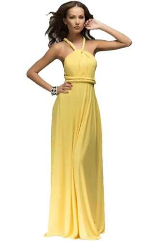 Langes Damenkleid für Brautjungfern, wandelbar, Wickelkleid, Partykleid, gelb, S