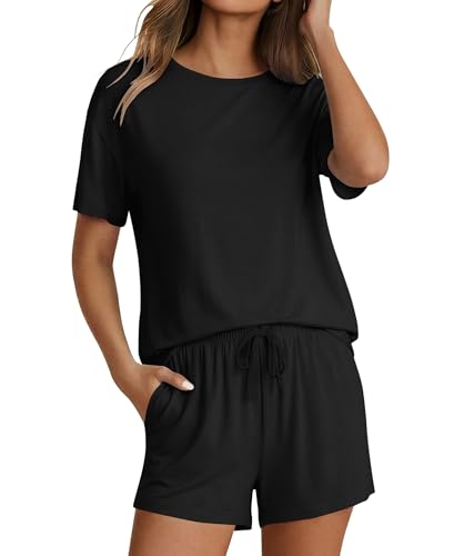 Image of Ekouaer Pajama Set for Women Viscose from Bamboo Short Sleeve Tops and Shorts Set 2 Piece Lounge Set