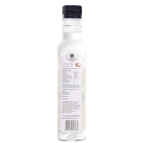 Image of Conscious Food Cold Pressed Coconut Oil | 250ml | Certified Organic | 100% Pure | Good for Cooking | Boosts Heart Health, Skin Care