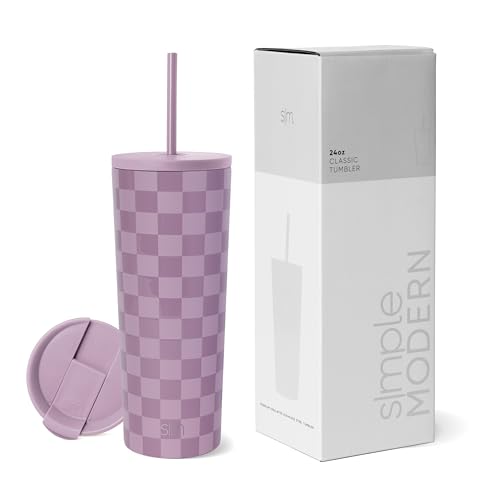 Image of Simple Modern Insulated Tumbler with Lid and Straw | Iced Coffee Cup Reusable Stainless Steel Water Bottle Travel Mug | Gifts for Women Men Her Him | Classic Collection | 24oz | Lavender Checkmate