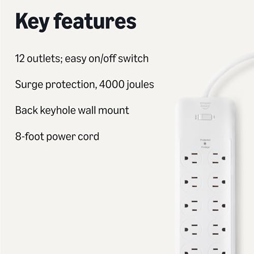 Image of Amazon Basics 12-Outlet Surge Protector Power Strip, 4000 Joules, 8ft Extension Cord, Rectangle, for Home, Office, Gaming Room, White