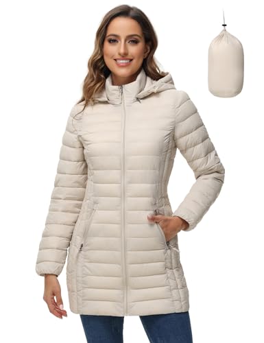 ROYAL MATRIX Women's Packable Puffer Jacket with Hood, Lightweight Quilted Travel Long Puffer Coat with Pockets White, L