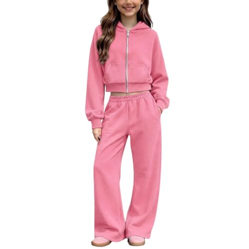 YMADREIG Girls 2 Piece Sweatsuit Zip Up Cropped Hoodie Wide Leg Sweatpants - image 1