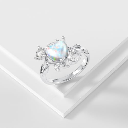 Image of 0.3 Carat Moissanite and White Opal /Blue Opal /Black Opal Engagement Ring 925 Sterling Silver 8-9 MM Heart /Round /Oval Cut Opal Moissanite Ring for Women Size 5-13