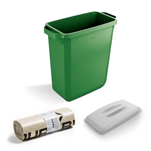 DLM Direct DURABIN - Cubo de basura rectangular verde de 60 litros y tapa gris y 25 bolsas de basura ecológicas de 110 L, juego de contenedores de plástico reciclado con asas de fácil transporte para