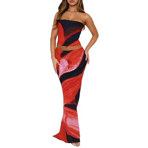 Image of Goafuliy 2 Piece Skirt Sets for Women Summer, Floral Sleeveless Tube Top Bodycon Maxi Skirts Y2k Vacation Going Out Outfits