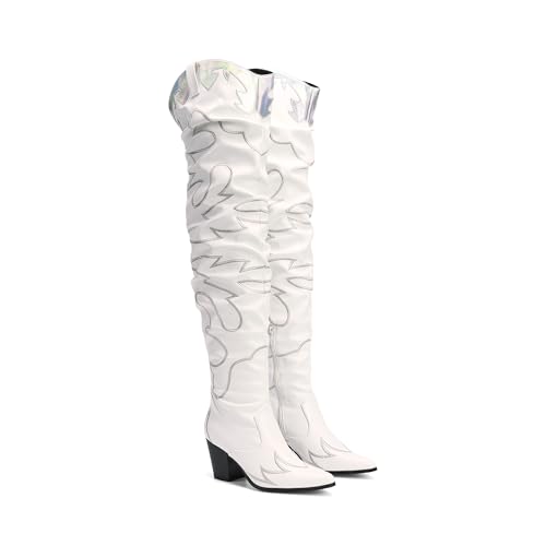 DREAM PAIRS Western Cowboy Boots Over The Knee Western Cowgirl Boots Women Thigh High Boots,Size 8,White,SDOB2401W