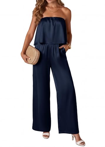KIRUNDO Jumpsuits For Women Dressy 2026 Summer Satin Strapless Romper Flowy Tube Top Spring One Piece Vacation Outfits(Navy Blue, XX-Large)