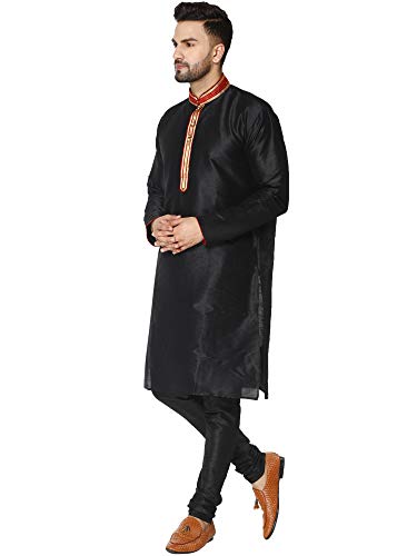 Image of SKAVIJ Men's Art Silk Embroidered Kurta Pajama Set Woven Design Festive Party Dress