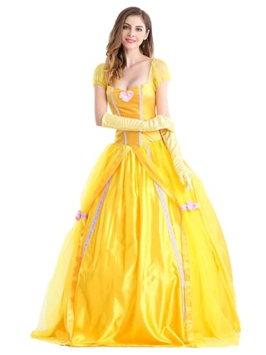 YOSICIL Déguisement de Princesse Belle Femme Adulte Cosplay La Belle et La Bête avec Gants Robe Longue d'Animateur en Tulle Halloween Carnaval Anniversaire...