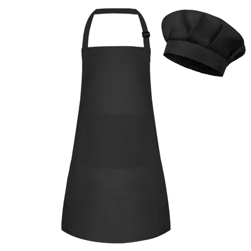 BOUBONI Delantal infantil y gorro de cocinero ajustable con 2 bolsillos, gorro de cocinero y delantal para cocinar, hornear y pintar (negro), B-negro., S