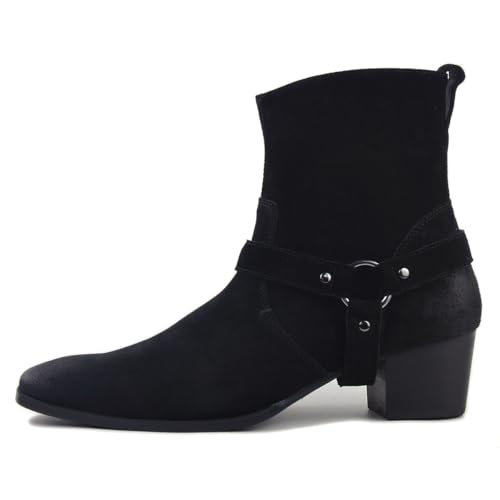 Image of Dress Boot for Men Leather Chukka Designer Boots Casual Heel Shoes Zipper-up by OTTO Zone JY002 Black Suede Belt 9