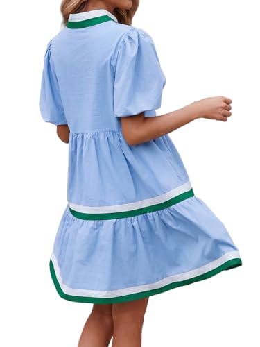 Image of LifeShe Womens Puff Sleeve Babydoll Dress V Neck Navy Blue Striped Color Block Tiered Mini Dresses