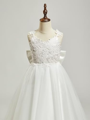 Flower Lace Applique Flower Girls Dress Wedding Puffy Tulle Long Princess Dress Prom Ball Gown First Communion Dress with Bow3