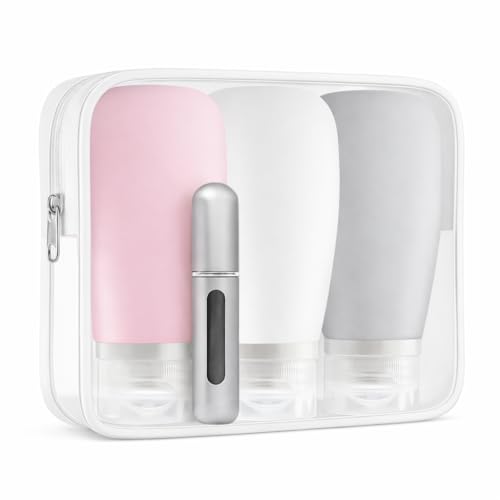 Neceser de Viaje (Cosmetic Case) con Botellas Rellenables 90ml y Atomizador 5ml, Bolsa Transparente para Cosméticos, Organizador de Aseo