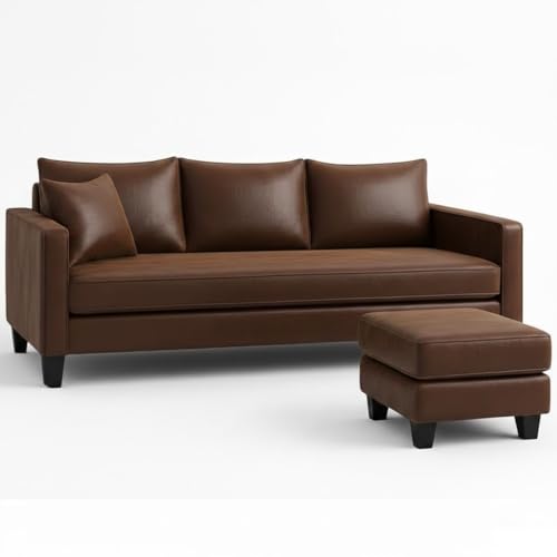 Image of FURNY Conva 4 Seater L Shape Sofa Set with Movable Ottoman | Flexible Left or Right Layout | Premium Leatherette Upholstery (Dark Brown) | Perfect for Living Room, Guest Room & Office