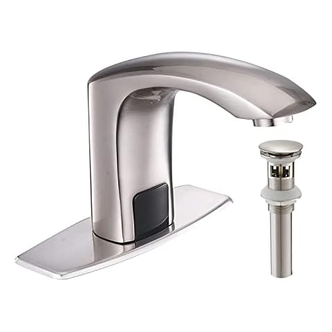 Automatic Sensor Touchless Bathroom Faucet Brushed Nickel Match Pop Up Drain with Overflow Motion Actived Solid Brass Bathroom Sink Faucet with Hole Cover Plate Hands Free Vanity Faucets Deck Mount Cover