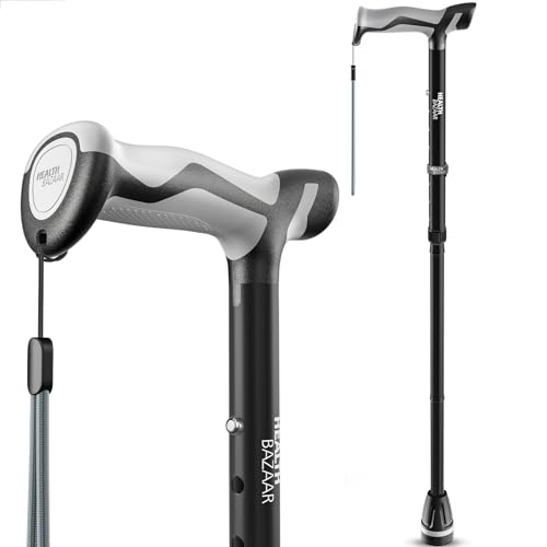 HEALTHBAZAAR Walking Cane for Men & Women, Foldable Cane with Shock Absorption - Adjustable, Lightweight Collapsible Walking Stick for Seniors & Adults, Comfort Grip Handle, Heavy Duty All Terrain Tip