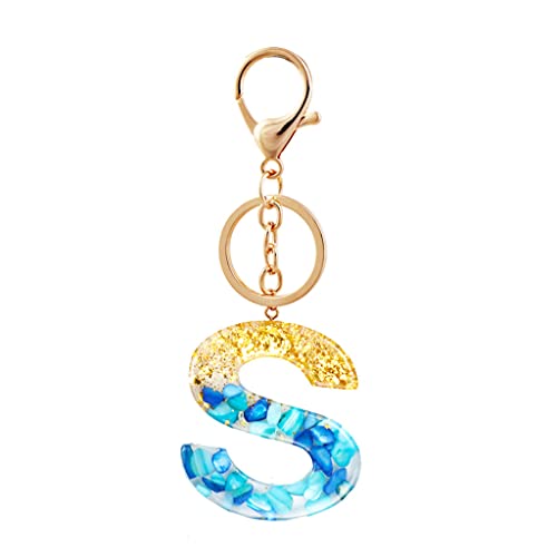 Llavero de resina del alfabeto A-Z de piedra de hoja de oro azul para mujer, accesorios de llavero con letras iniciales, dijes de bolsa, S, Talla única Cover