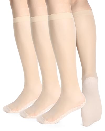 Shihanee 3 Pairs Women's Sheer Knee High Socks Silky Anti Slip Cotton Sole Socks Reinforced Toe Stockings for Women