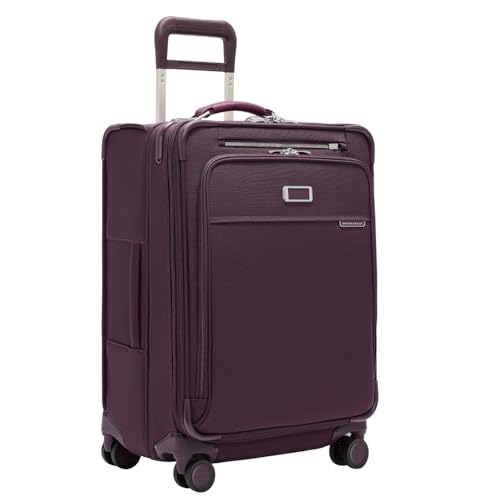 Image of Briggs & Riley 24 Inch Compact Checked Suitcase Luggage with Wheels - Zipperless Compression Expansion System, 360 Spinner, Flat Packing Interior, Accessible Front Pocket - Baseline Collection - Plum