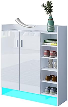 AWOOOD Shoe Storage Cabinet Home Hallway Furniture 2 Doors w/Adjustable 4 Shelves Modern High Gloss Cupboard Footwear Shoe Rack Stand Organiser with LED Light White