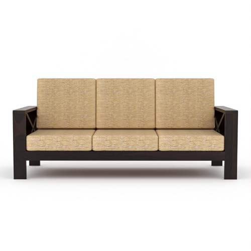 Image of Sheesham Wooden 5 Seater Sofa for Living Room | Rosewood 5 Seater Cushion Sofa X-Legs | Solid Wood Sofa Set for Lounge (3+1+1,Walnut)