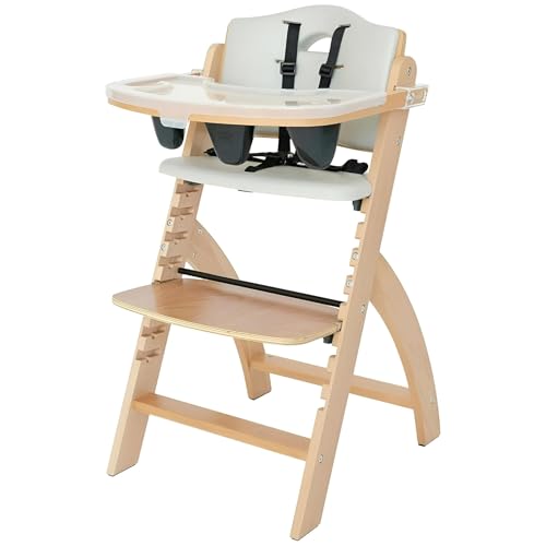 Image of Abiie Beyond Junior Wooden High Chair for Babies and Toddlers - Convertible 3-in-1 Baby Highchair with Removable Tray - 6 Months to 250 Lb - Water Resistant - Natural Wood with Dove Grey Cushion