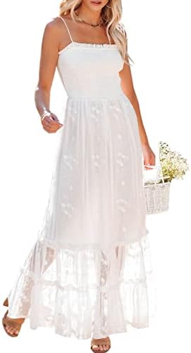 Women Summer Spaghetti Strap Lace Embroidery Floral Sundress Casual Ruffle Smocking Party Wedding Beach Long Maxi Dress (White, Medium)