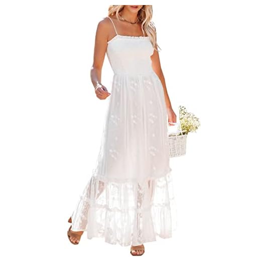Women Summer Spaghetti Strap Lace Embroidery Floral Sundress Casual Ruffle Smocking Party Wedding Beach Long Maxi Dress (White, Small)