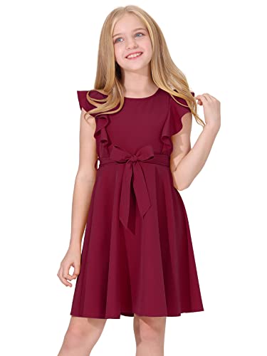 Quedoris Girls Ruffle Trim Sleeveless Belted Dress With Zipper Wine 140Y #TOP13