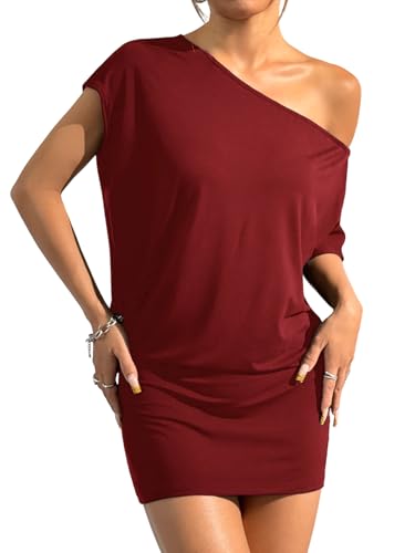 Image of SOLY HUX Women's Off The Shoulder Mini Dress Going Out Asymmetrical Neck Short Sleeve Casual Bodycon T Shirt Dresses