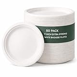 1ABOVE 50 Pack Extra Strong White Disposable Bagasse Plates, 100% Compostable and Biodegradable, Made from Sugarcane Fibre, Perfect for BBQ, Wedding, Office, Picnics and Parties (9 INCH)