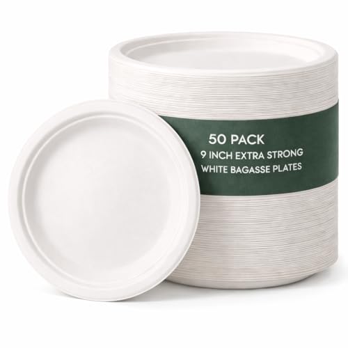 1ABOVE 50 Pack Extra Strong White Disposable Bagasse Plates, 100% Compostable and Biodegradable, Made from Sugarcane Fibre, Perfect for BBQ, Wedding, Office, Picnics and Parties (9 INCH)
