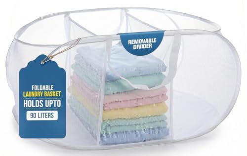 Image of Handy Laundry Collapsible Laundry Basket, 3-Compartment Mesh Laundry Sorter, Foldable Pop Up Hamper with Handles, Space-Saving Durable Organizer for Dorm, Bedroom, Travel, White