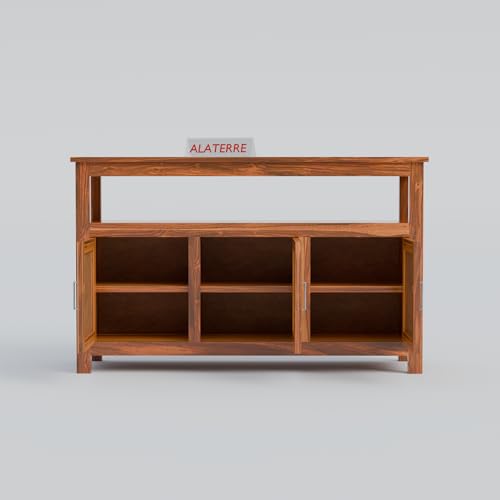 Image of ALATERRE Wooden Sideboard Cabinet with Cane Doors | 3 Door Storage Cabinet with Open Shelf | Solid Wood Buffet Table for Living Room, Dining Room & Entryway (Honey Finish)